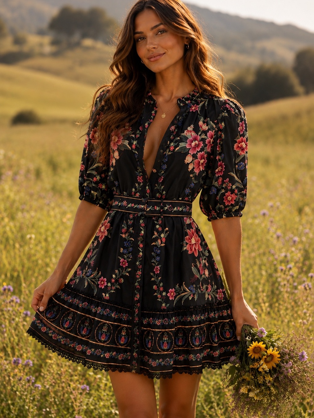 Farm Rio|Floral Black Fit-and-Flare Short Dress with Belt